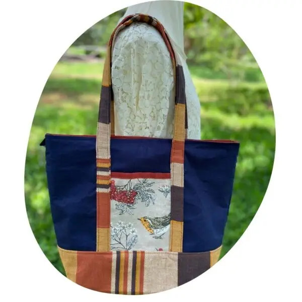 Upcycled Market Bag – Blue and Striped Design with Bird Motif - Image 9