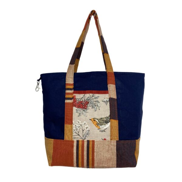 Upcycled Market Bag – Blue and Striped Design with Bird Motif - Image 2