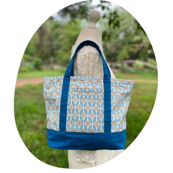 Unique Upcycled Tote Bag – Geometric Cotton with Golden Silk Lining - Image 6