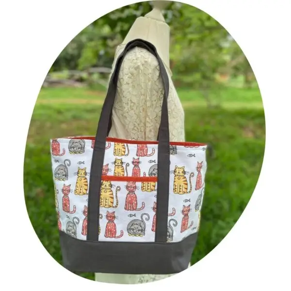 Upcycled Market Bag – Cat Canvas with Brown Cotton Base - Image 4