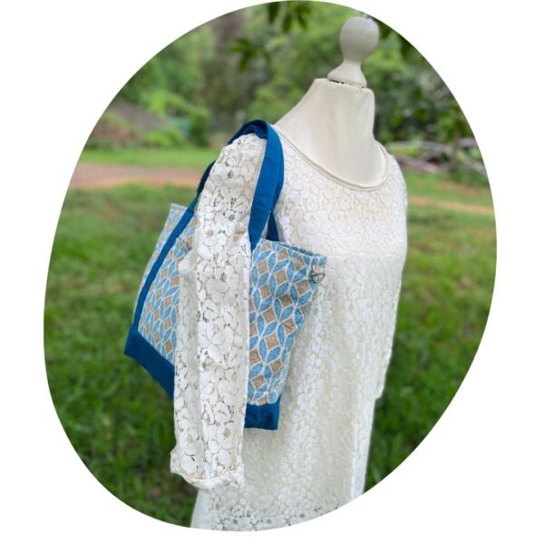Unique Upcycled Tote Bag – Geometric Cotton with Golden Silk Lining - Image 7
