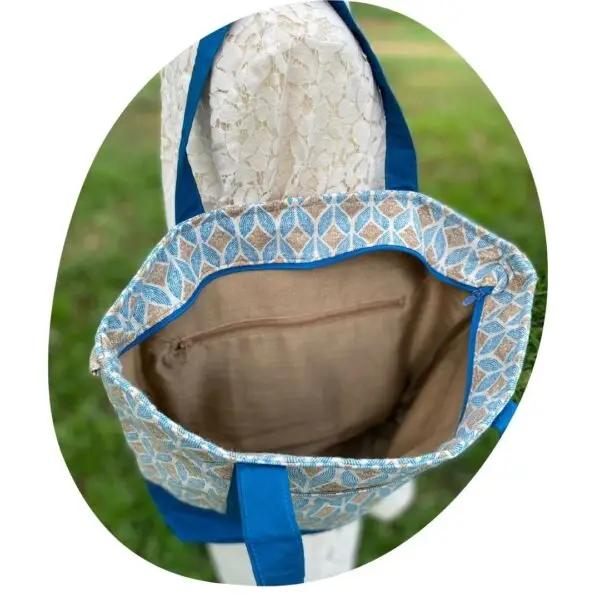 Unique Upcycled Tote Bag – Geometric Cotton with Golden Silk Lining - Image 9