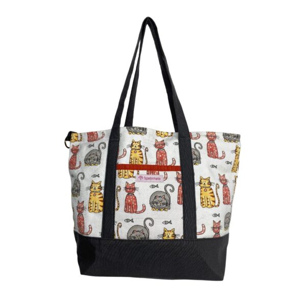 Upcycled Market Bag – Cat Canvas with Brown Cotton Base - Image 2