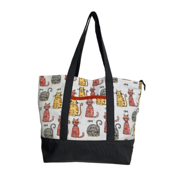 Upcycled Market Bag – Cat Canvas with Brown Cotton Base