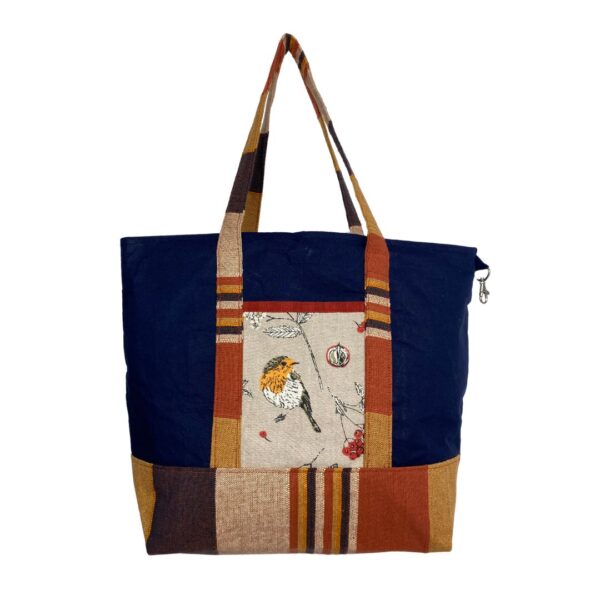 Upcycled Market Bag – Blue and Striped Design with Bird Motif