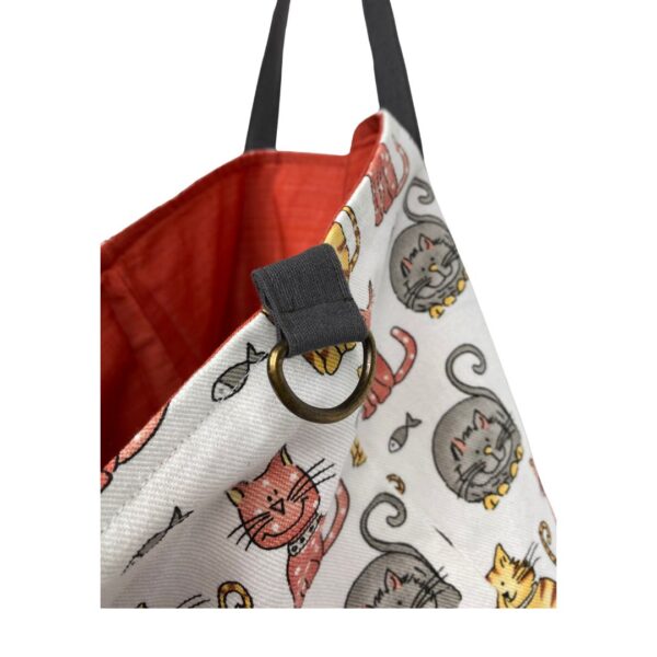 Upcycled Market Bag – Cat Canvas with Brown Cotton Base - Image 3