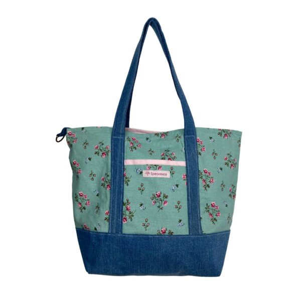 Upcycled Market Bag – Floral Canvas with Denim Base