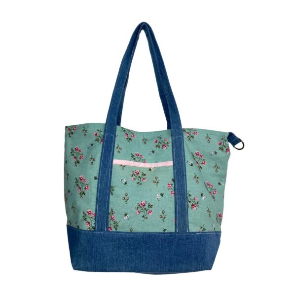 Upcycled Market Bag – Floral Canvas with Denim Base - Image 2
