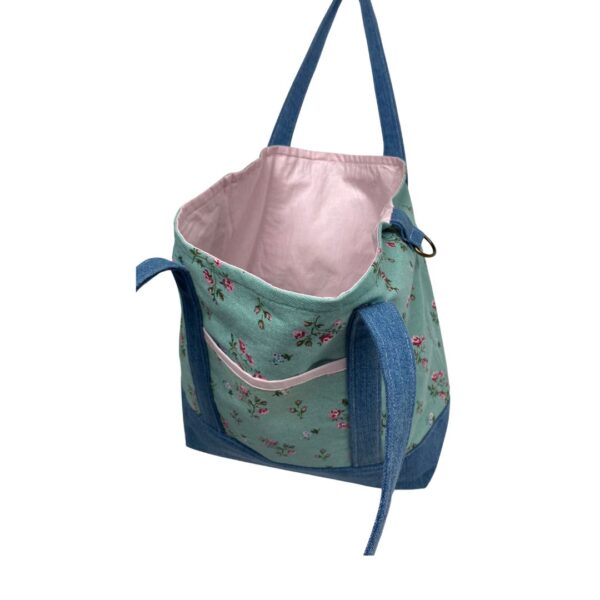 Upcycled Market Bag – Floral Canvas with Denim Base - Image 3