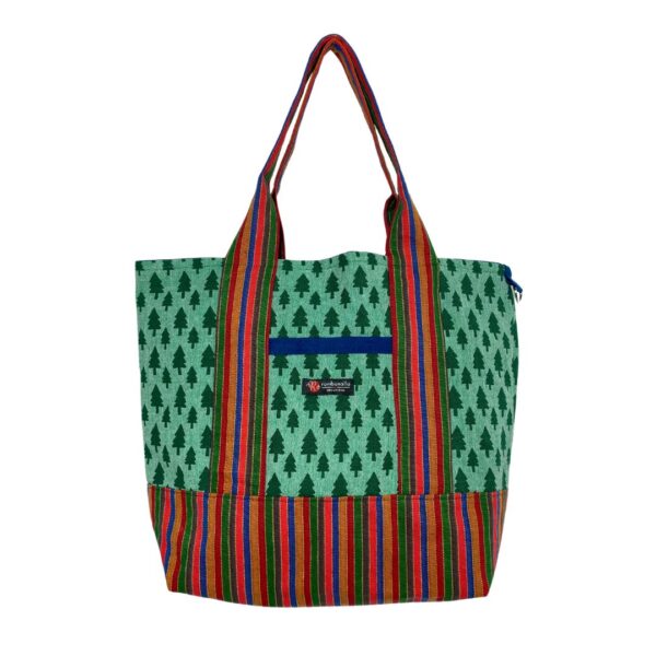 Upcycled Market Bag – Tree Print Canvas with Striped Base