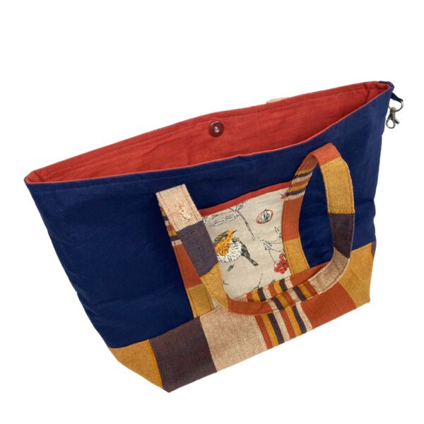 Upcycled Market Bag – Blue and Striped Design with Bird Motif - Image 3
