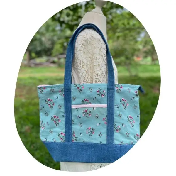 Upcycled Market Bag – Floral Canvas with Denim Base - Image 4