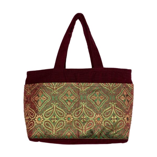 Corduroy & Sari-Inspired Mini Tote Bag with 10 Pockets