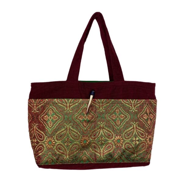 Corduroy & Sari-Inspired Mini Tote Bag with 10 Pockets - Image 7