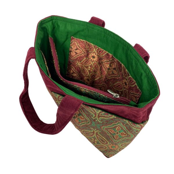 Corduroy & Sari-Inspired Mini Tote Bag with 10 Pockets - Image 5